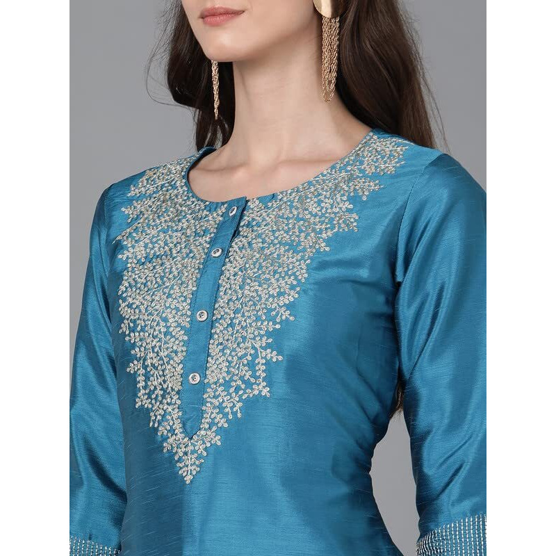 Vaamsi Women's Silk Embroidered Straight Kurta Pant With Dupatta (PKSKD1588_Blue_XS)