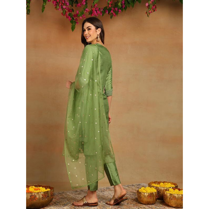 Vaamsi Women's Silk Embroidered Straight Kurta Pant With Dupatta (PKSKD1589_Green_M)