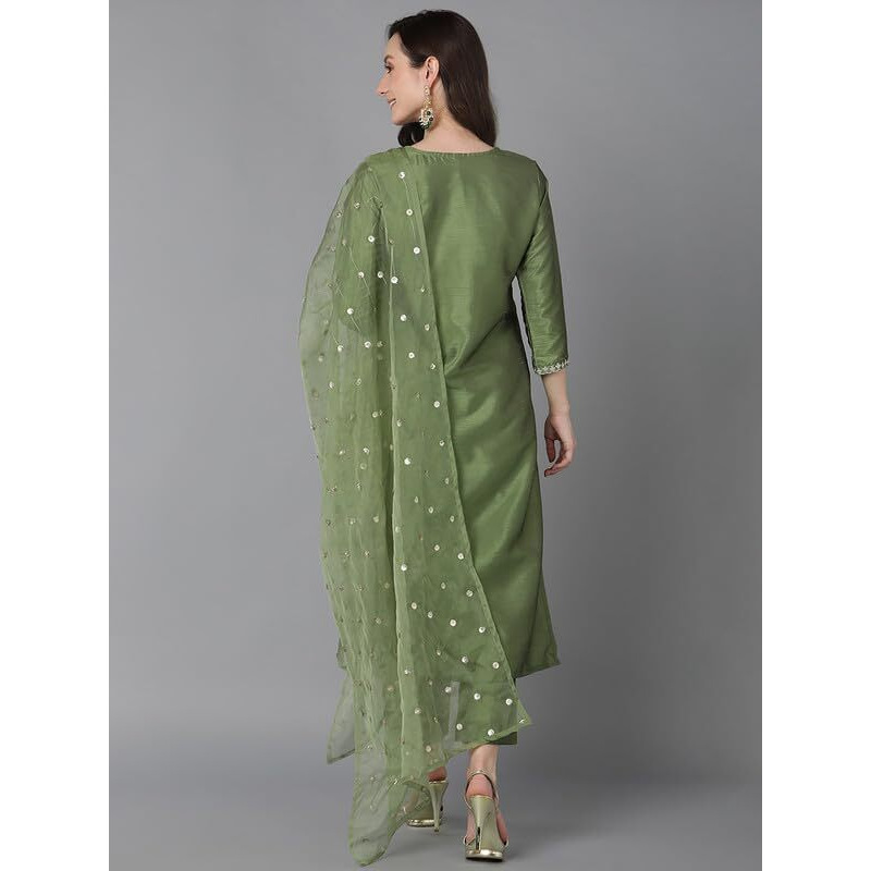 Vaamsi Women's Silk Embroidered Straight Kurta Pant With Dupatta (PKSKD1591_Green_L)