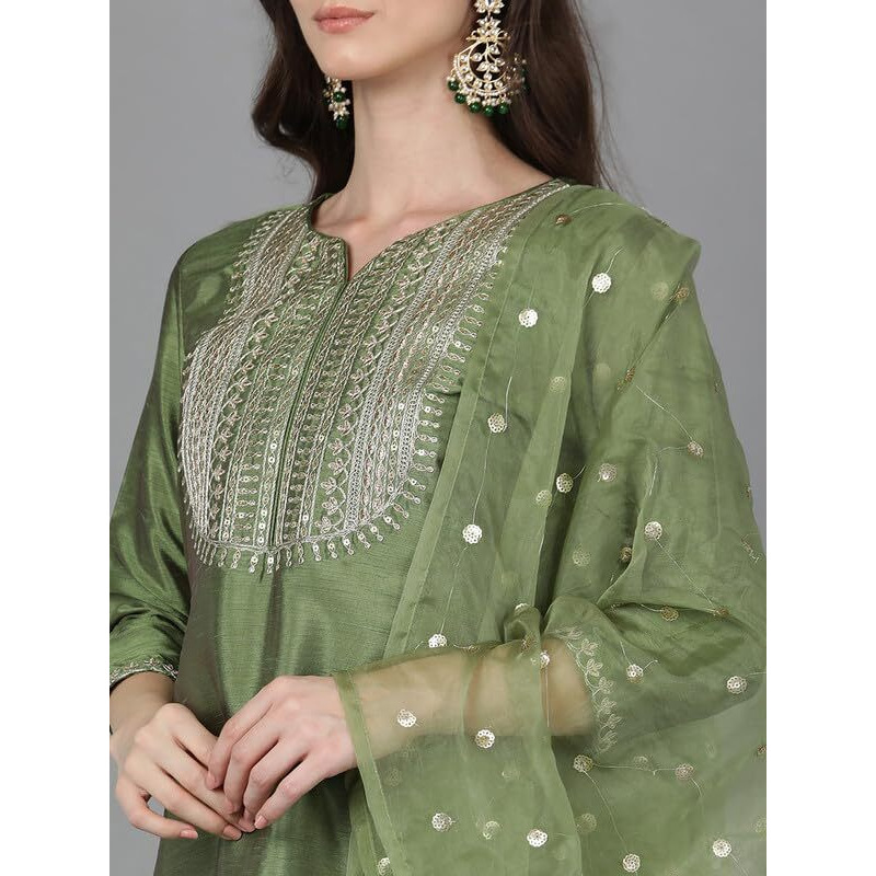 Vaamsi Women's Silk Embroidered Straight Kurta Pant With Dupatta (PKSKD1591_Green_L)