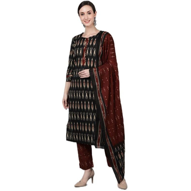 Vaamsi Women's Abstract Printed Kurta Trousers With Dupatta (VKSKD1303A_M_Black)