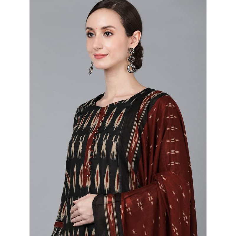 Vaamsi Women's Abstract Printed Kurta Trousers With Dupatta (VKSKD1303A_M_Black)