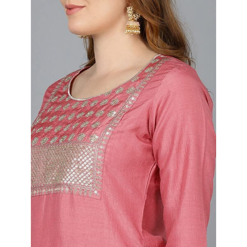 Vaamsi Women's Poly Silk Solid Yoke Design Straight Kurta Pant With Dupatta (PKSKD1159B_Pink_4XL)