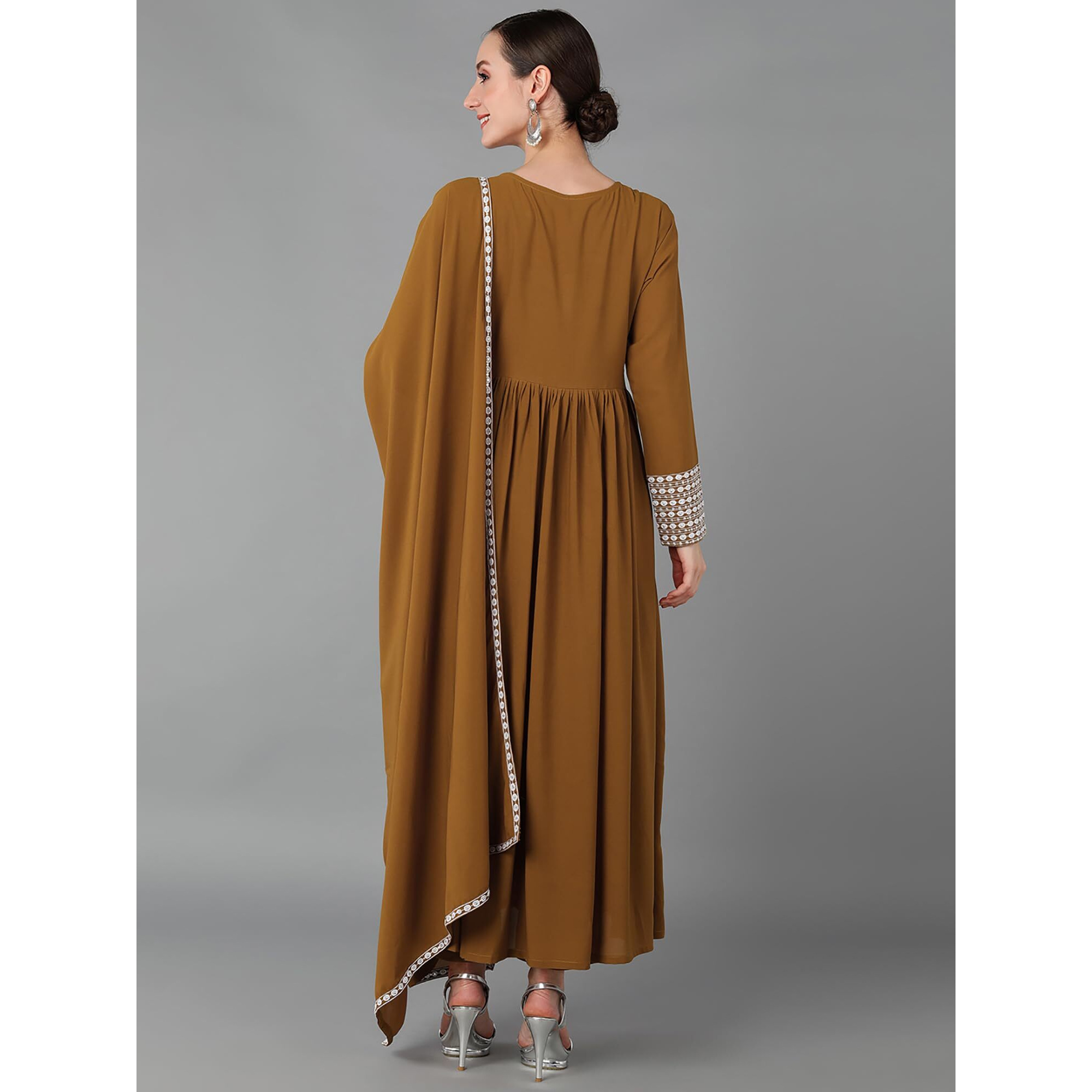 Vaamsi Women's Georgette Embroidered Flared Kurta Pant With Dupatta (PKSKD1604_Brown_S)