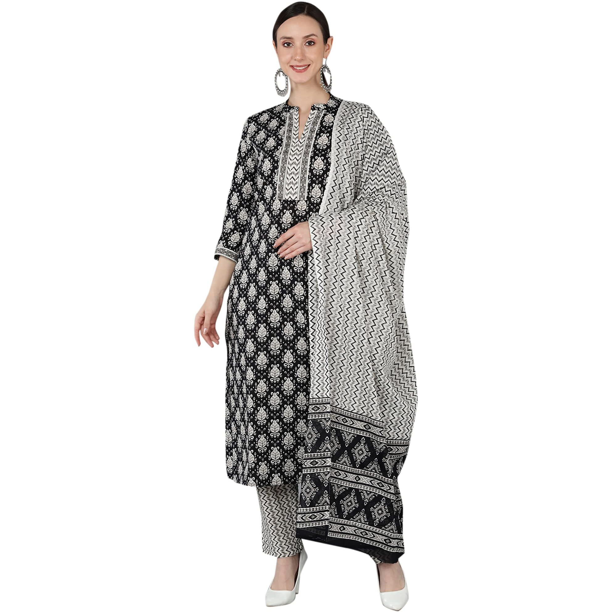 Vaamsi Women's Abstract Printed Kurta Trousers With Dupatta (VKSKD1673_XS_Black)