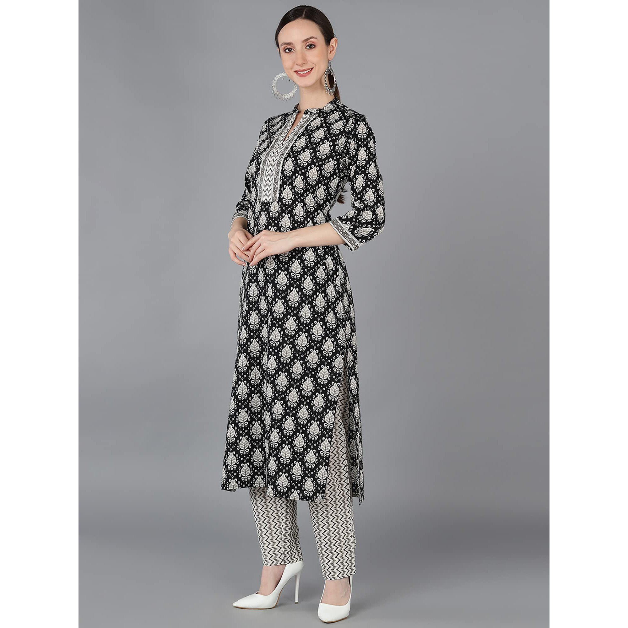 Vaamsi Women's Abstract Printed Kurta Trousers With Dupatta (VKSKD1673_XS_Black)