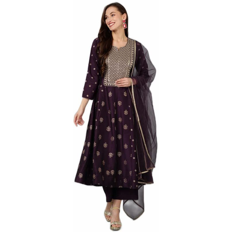 Vaamsi Women's Silk Blend Embroidered Flared Kurta Pant With Dupatta (PKSKD1710_Purple_XS)