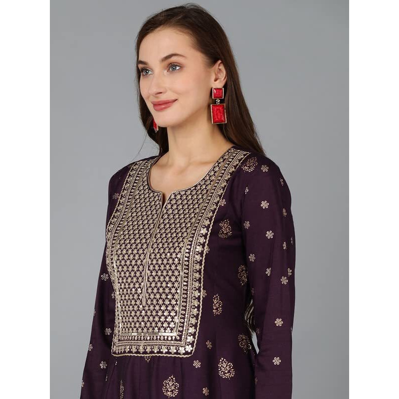 Vaamsi Women's Silk Blend Embroidered Flared Kurta Pant With Dupatta (PKSKD1710_Purple_XS)