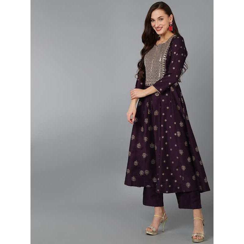 Vaamsi Women's Silk Blend Embroidered Flared Kurta Pant With Dupatta (PKSKD1710_Purple_XS)