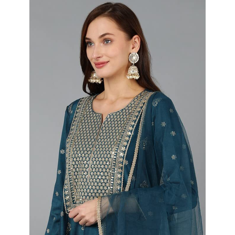 Vaamsi Women's Silk Blend Embroidered Flared Kurta Pant With Dupatta (PKSKD1711_Teal Blue_L)