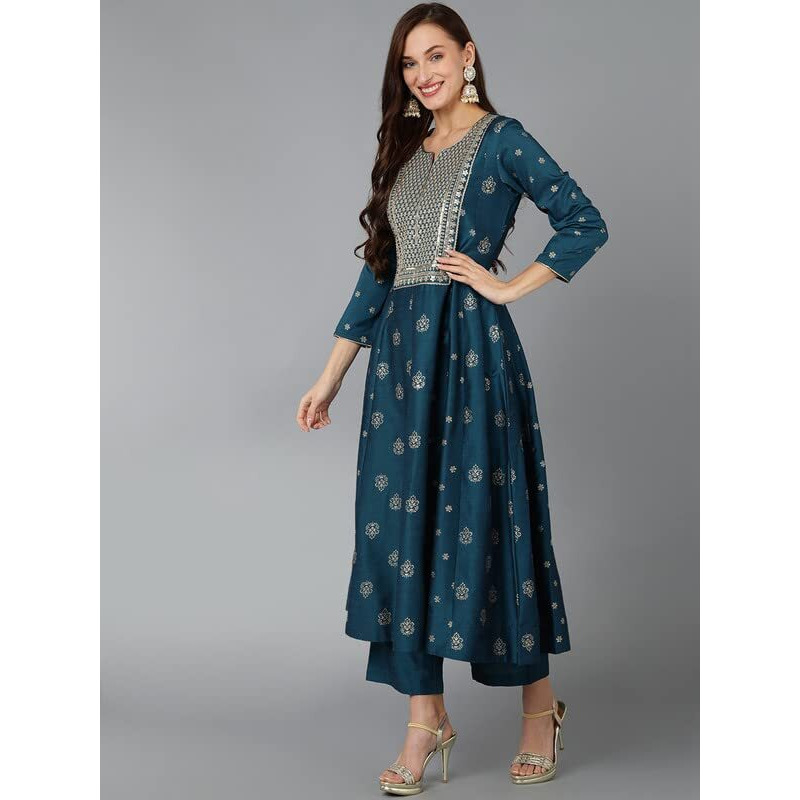 Vaamsi Women's Silk Blend Embroidered Flared Kurta Pant With Dupatta (PKSKD1711_Teal Blue_L)