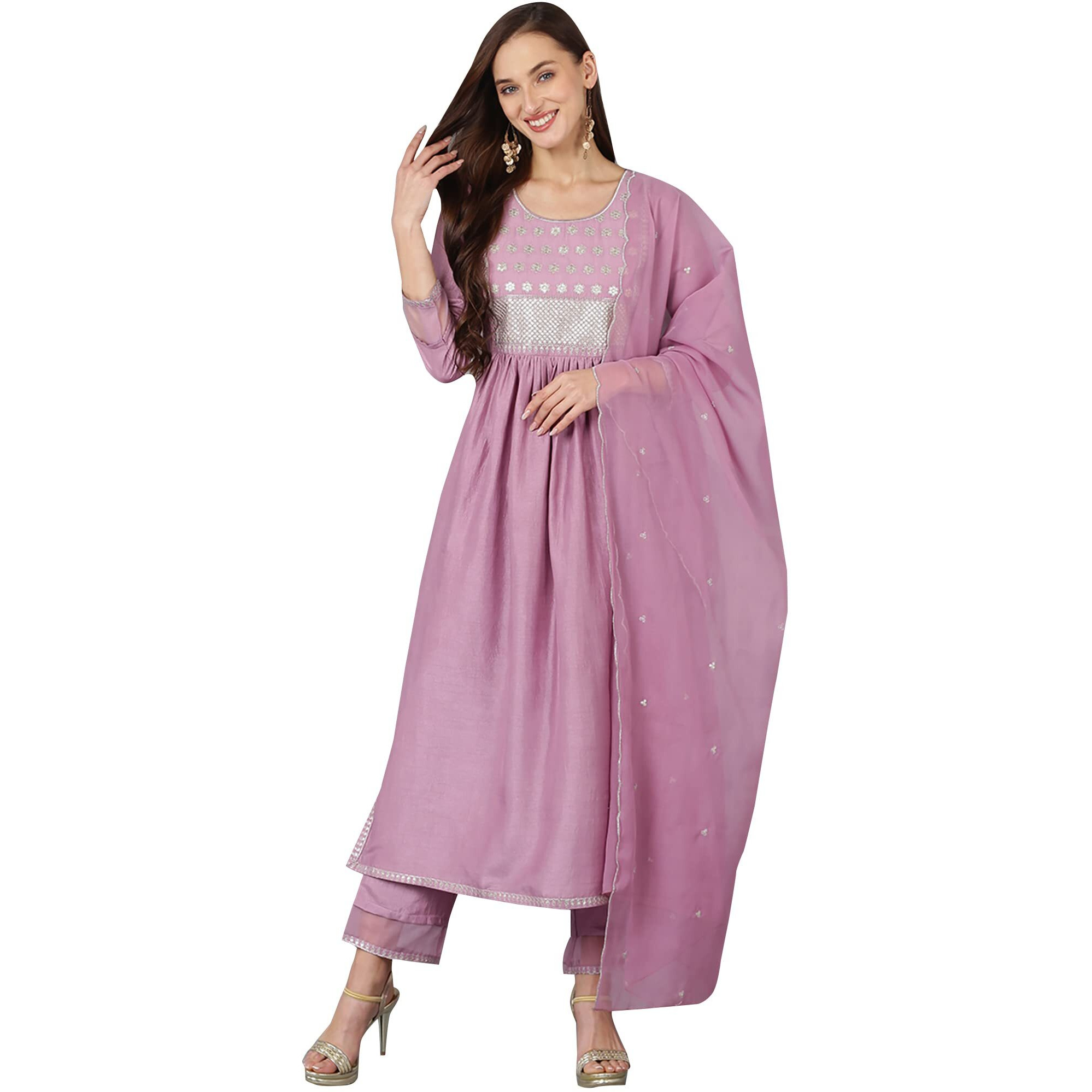 Vaamsi Women's Silk Blend Embroidered Solid A-Line Kurta Pant With Dupatta (PKSKD1722_Purple_S)