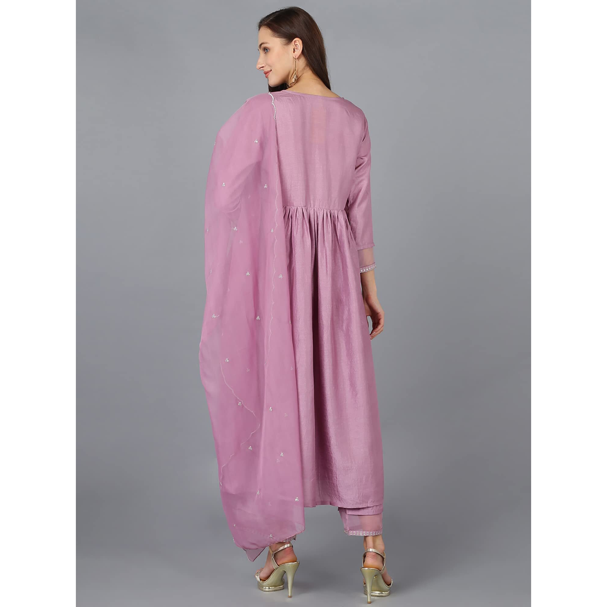 Vaamsi Women's Silk Blend Embroidered Solid A-Line Kurta Pant With Dupatta (PKSKD1722_Purple_S)