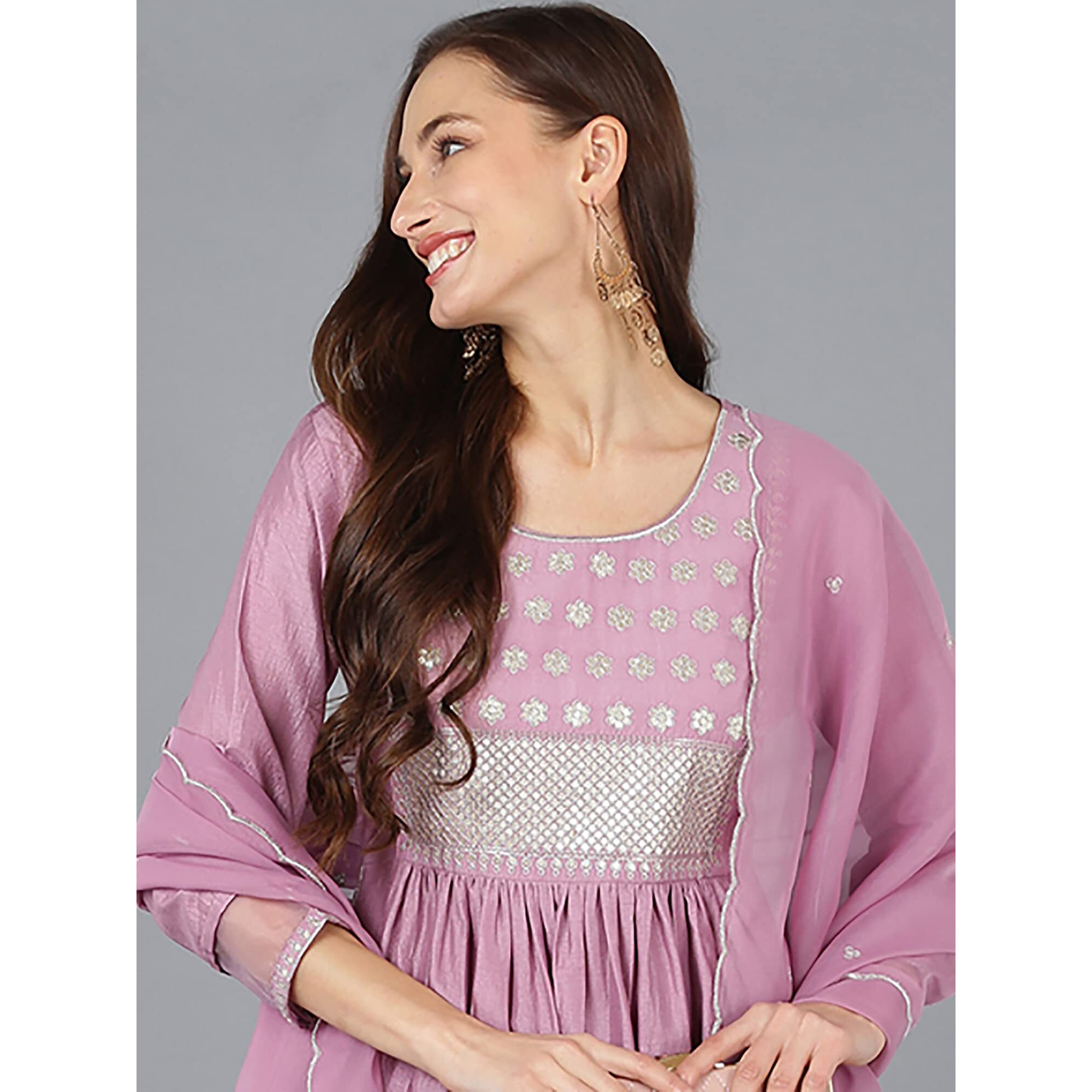 Vaamsi Women's Silk Blend Embroidered Solid A-Line Kurta Pant With Dupatta (PKSKD1722_Purple_S)
