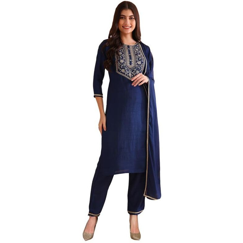 Vaamsi Women's Silk Blend Yoke Design Solid Straight Kurta Pant with Dupatta (PKSKD1809_Blue_L)