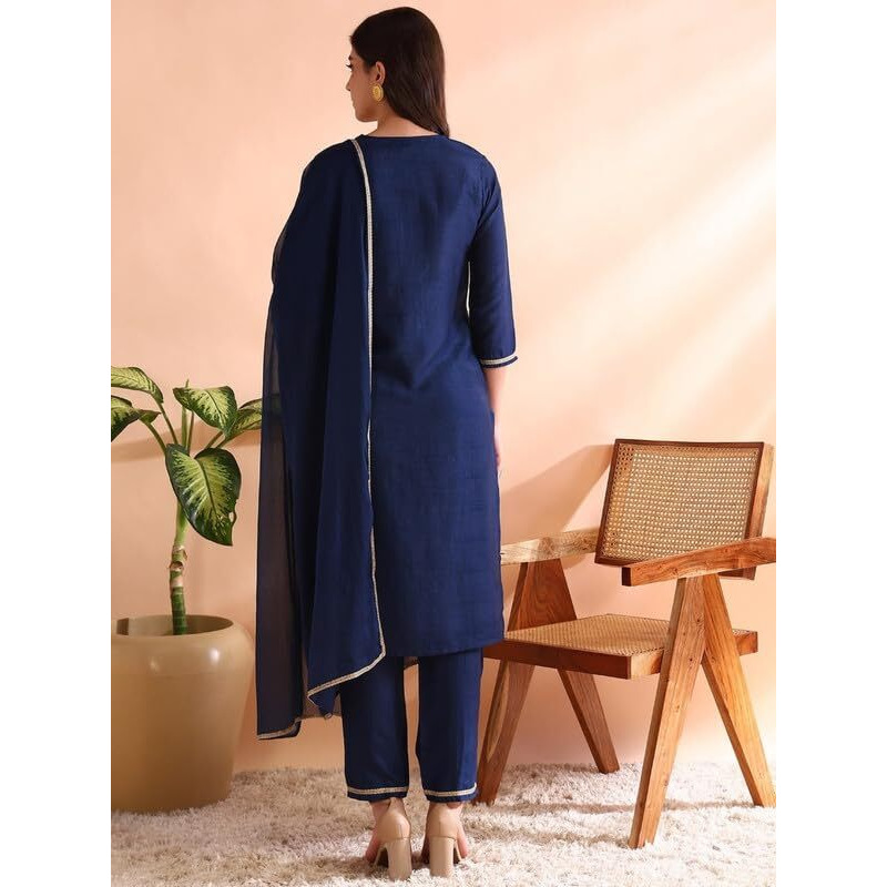Vaamsi Women's Silk Blend Yoke Design Solid Straight Kurta Pant with Dupatta (PKSKD1809_Blue_L)