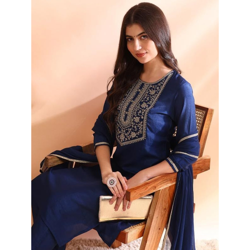 Vaamsi Women's Silk Blend Yoke Design Solid Straight Kurta Pant with Dupatta (PKSKD1809_Blue_L)