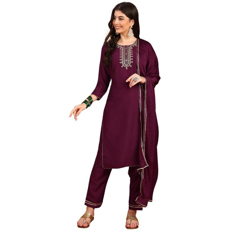 Vaamsi Women's Silk Blend Yoke Design Solid Straight Kurta Pant With Dupatta (PKSKD1771_Burgundy_XL)