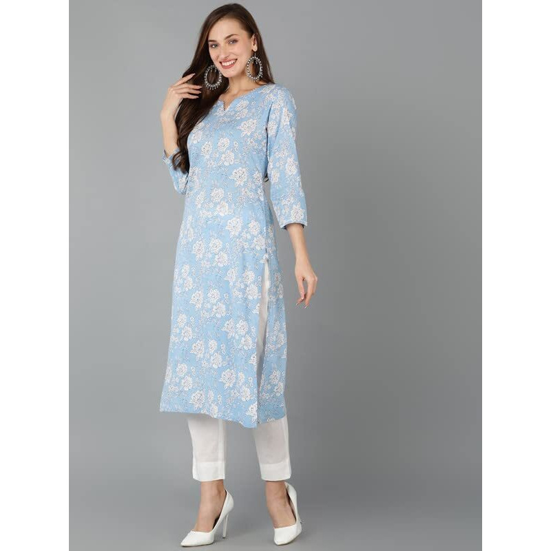 Vaamsi Women's Cotton Blend Printed Floral Kurta Trousers with Dupatta (VKSKD1716_XXL_Blue)