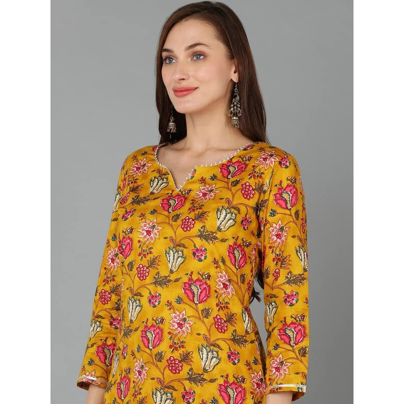 Vaamsi Women's Printed Floral Kurta Trousers With Dupatta (VKSKD1718_M_Mustard)