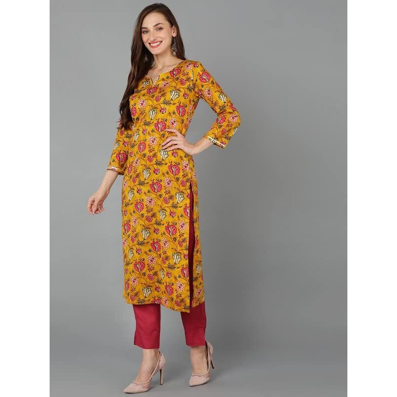 Vaamsi Women's Printed Floral Kurta Trousers With Dupatta (VKSKD1718_M_Mustard)