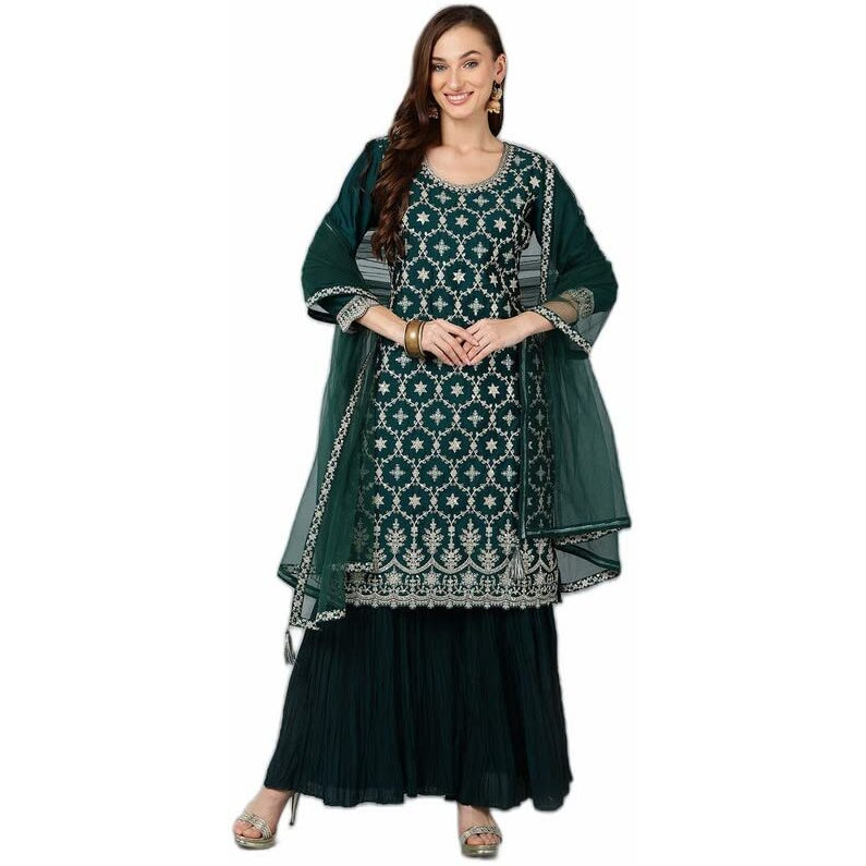 Vaamsi Women's Silk Blend Geometric Embroidered Straight Kurta Sharara With Dupatta Set (PKSKD1865_Green_M)