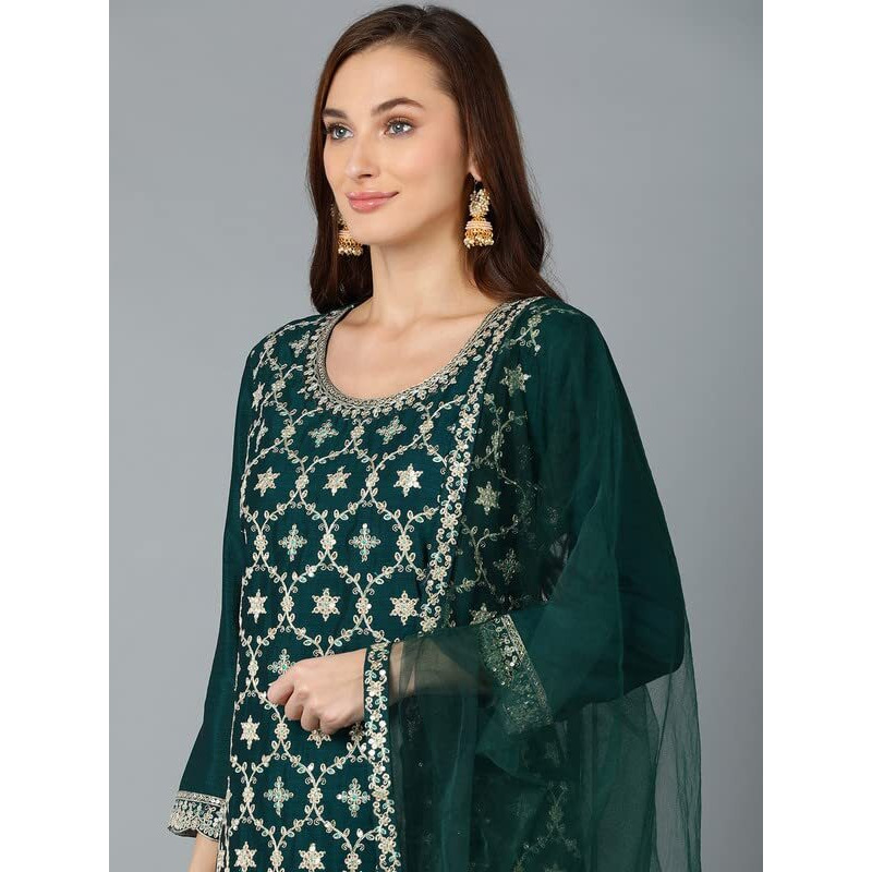 Vaamsi Women's Silk Blend Geometric Embroidered Straight Kurta Sharara With Dupatta Set (PKSKD1865_Green_M)