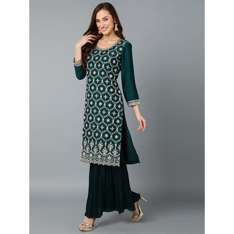 Vaamsi Women's Silk Blend Geometric Embroidered Straight Kurta Sharara With Dupatta Set (PKSKD1865_Green_M)