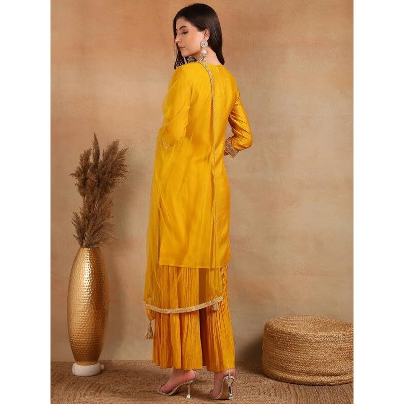 Vaamsi Women's Silk Blend Embroidered Straight Kurta Palazzos With Dupatta (PKSKD1871_Mustard_4XL)