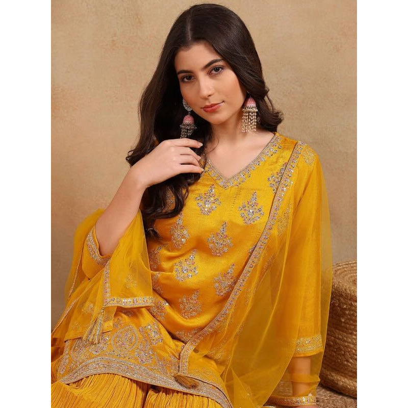 Vaamsi Women's Silk Blend Embroidered Straight Kurta Palazzos With Dupatta (PKSKD1871_Mustard_4XL)