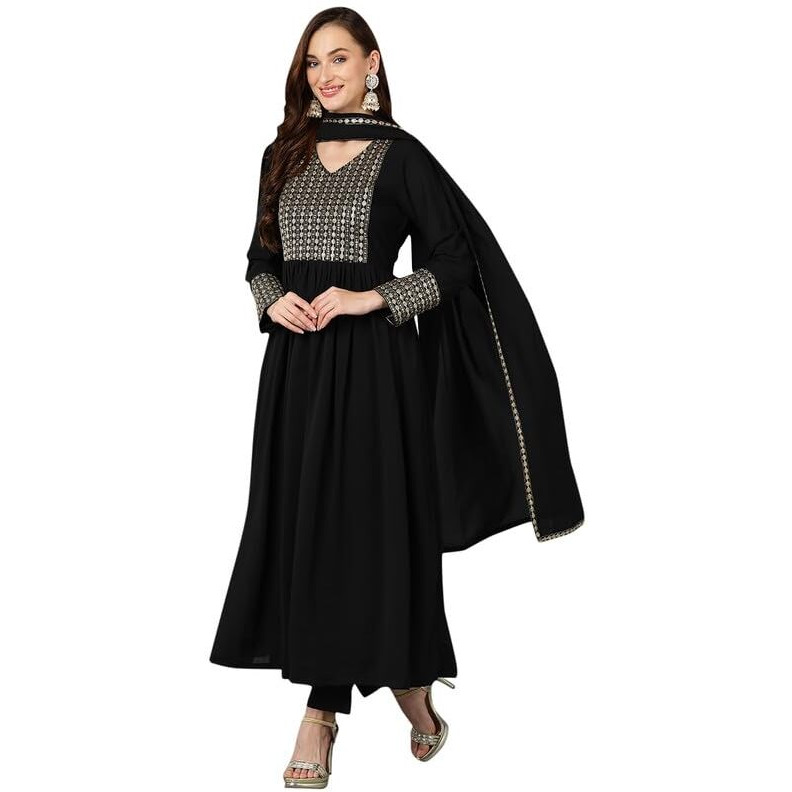 Vaamsi Women's Georgette Solid Yoke Design Flared Kurta Pant With Dupatta (PKSKD1851_Black_3XL)