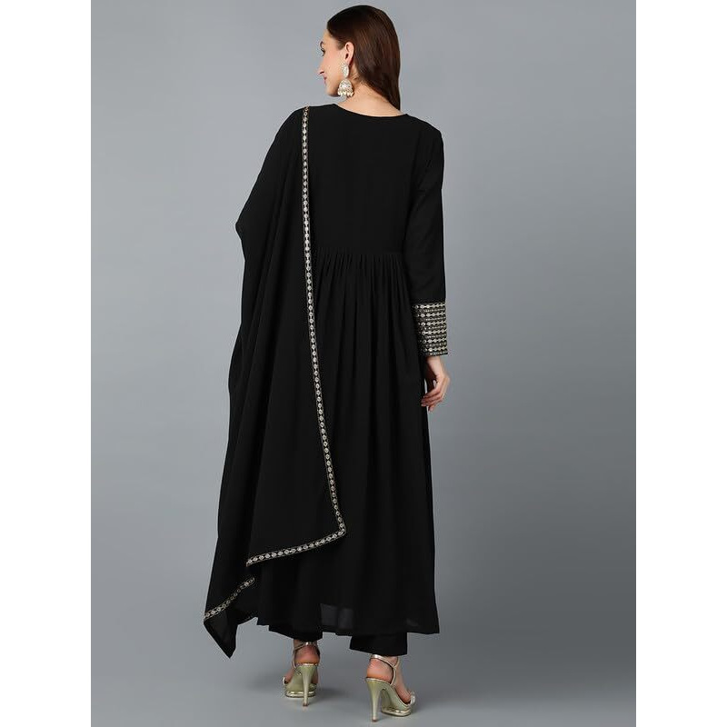 Vaamsi Women's Georgette Solid Yoke Design Flared Kurta Pant With Dupatta (PKSKD1851_Black_3XL)