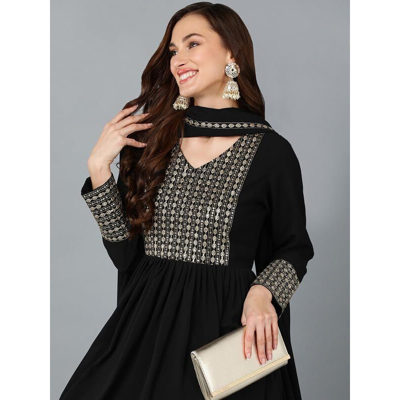Vaamsi Women's Georgette Solid Yoke Design Flared Kurta Pant With Dupatta (PKSKD1851_Black_3XL)