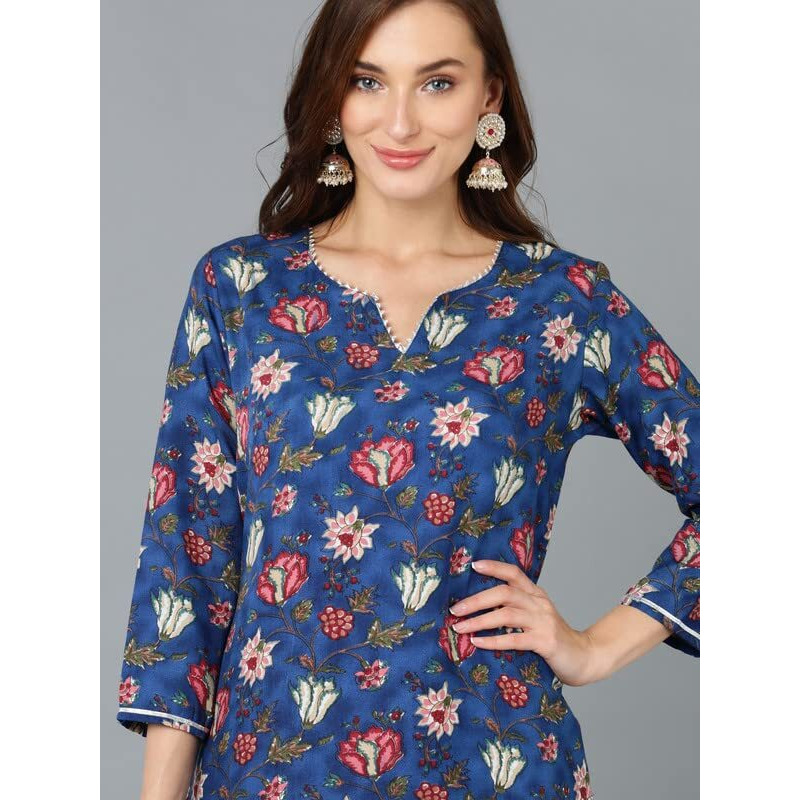 Vaamsi Women's Floral Printed Straight Kurta Pant With Dupatta Set Set (VKSKD1720_Blue_L)