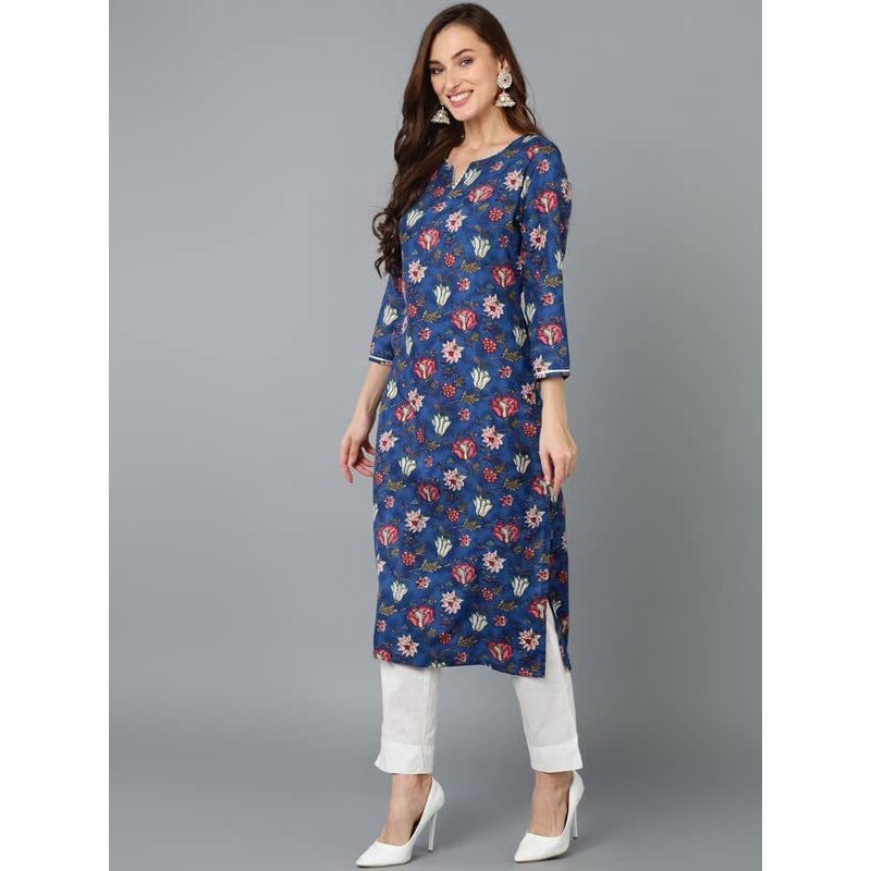 Vaamsi Women's Floral Printed Straight Kurta Pant With Dupatta Set Set (VKSKD1720_Blue_L)