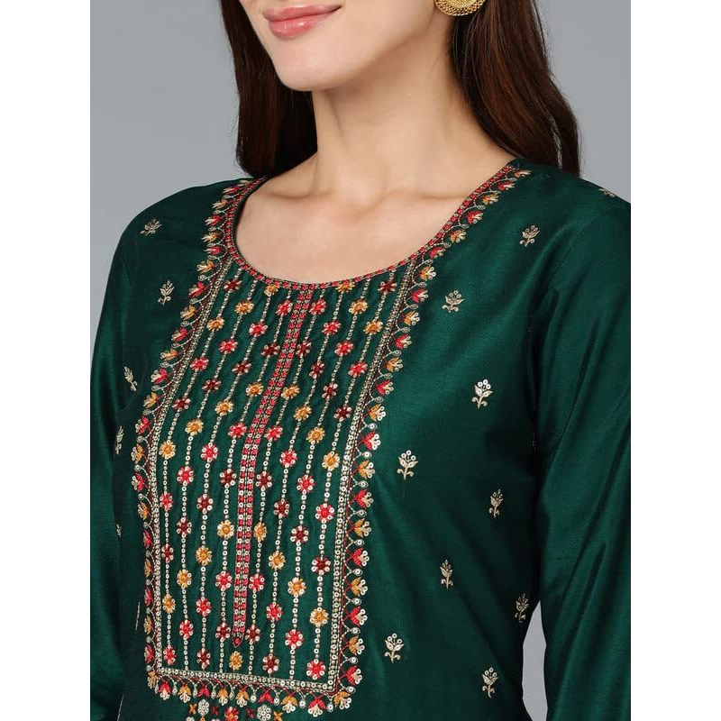 Vaamsi Women's Silk Blend Embroidered Straight Kurta Pant With Dupatta (VKSKD1758_Green_XXL)