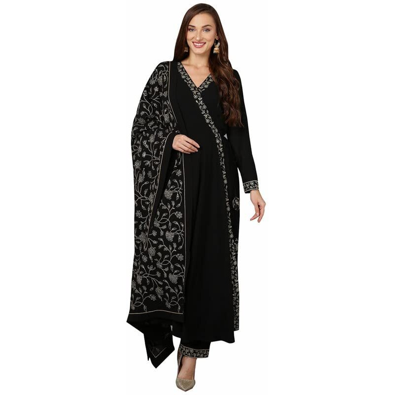 Vaamsi Women's Poly Georgette Embroidered Flared Angrakha Pant With Dupatta (PKSKD1913_Black_4XL)