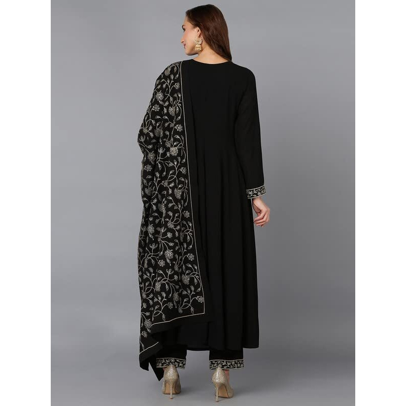 Vaamsi Women's Poly Georgette Embroidered Flared Angrakha Pant With Dupatta (PKSKD1913_Black_4XL)