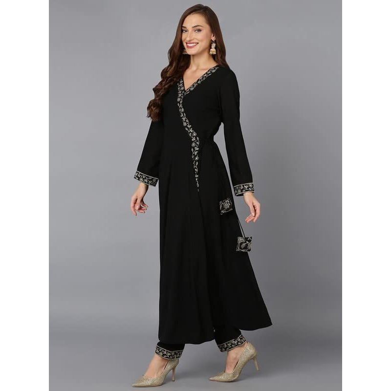 Vaamsi Women's Poly Georgette Embroidered Flared Angrakha Pant With Dupatta (PKSKD1913_Black_4XL)