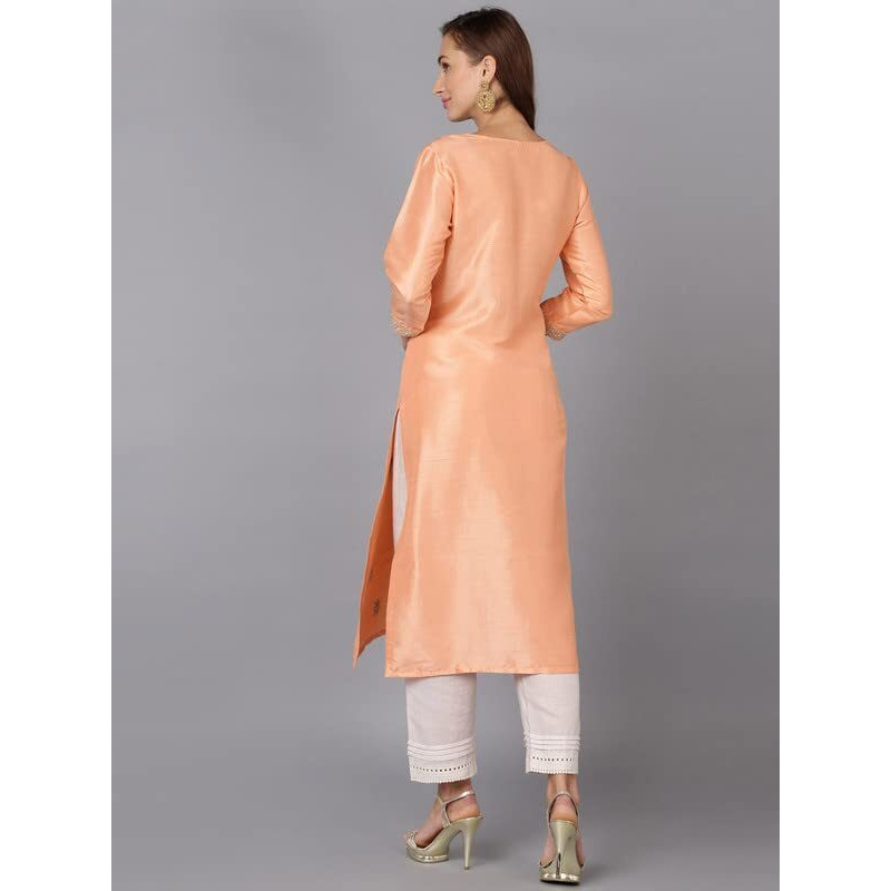 Vaamsi Women's Silk Embroidered Floral Straight Kurta (VCK9177_Peach_S)