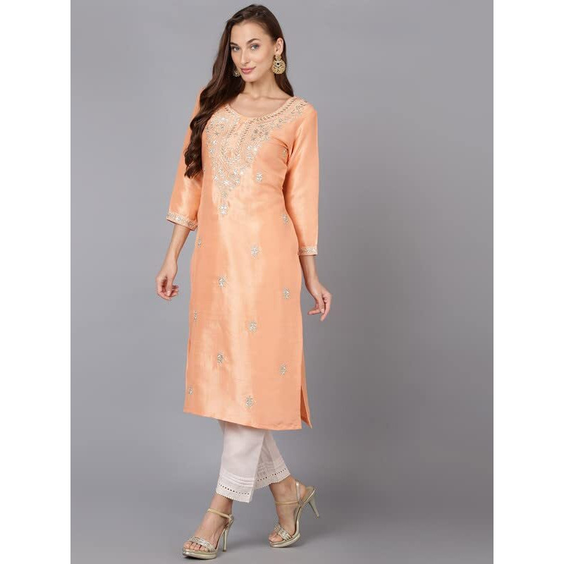 Vaamsi Women's Silk Embroidered Floral Straight Kurta (VCK9177_Peach_S)