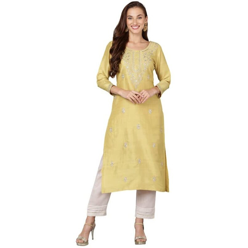 Vaamsi Women's Silk Embroidered Floral Straight Kurta (VCK9178_Yellow_XS)