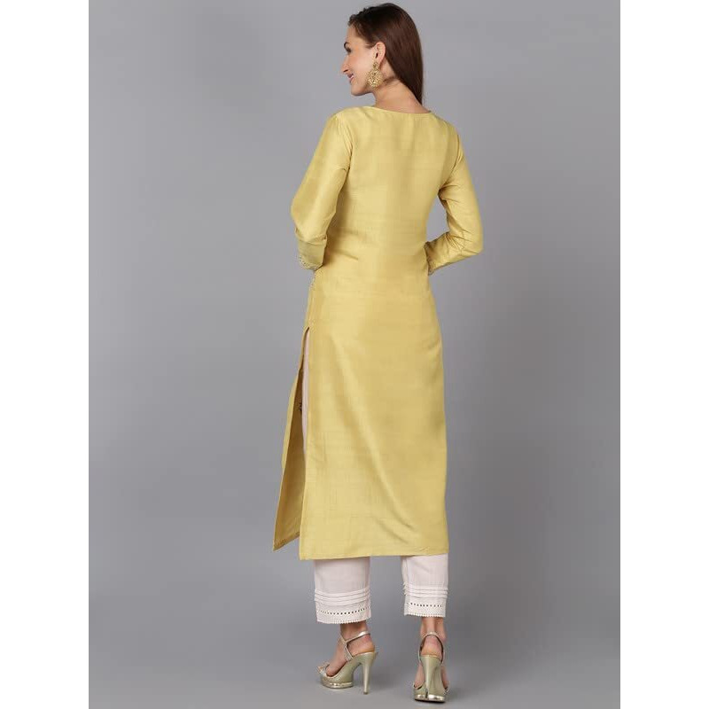Vaamsi Women's Silk Embroidered Floral Straight Kurta (VCK9178_Yellow_XS)