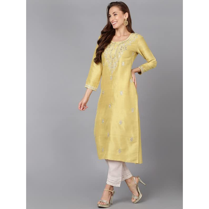Vaamsi Women's Silk Embroidered Floral Straight Kurta (VCK9178_Yellow_XS)