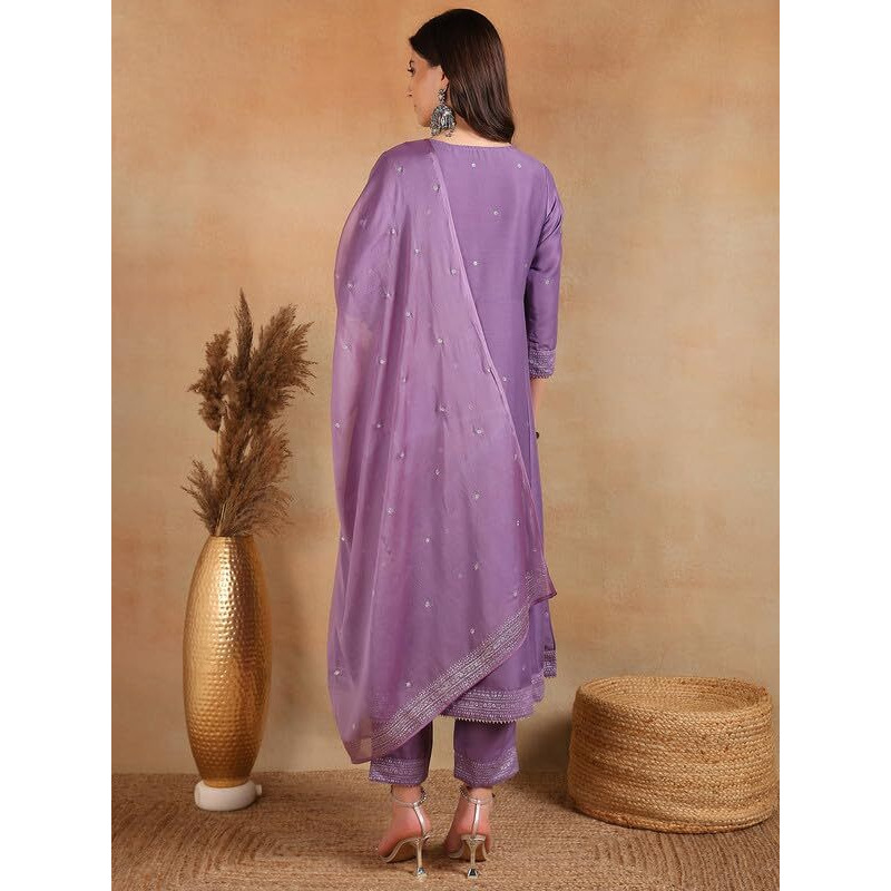 Vaamsi Women's Silk Blend Solid Woven Design Anarkali Kurta Set With Dupatta (VKSKD1779_Lavender_XL)
