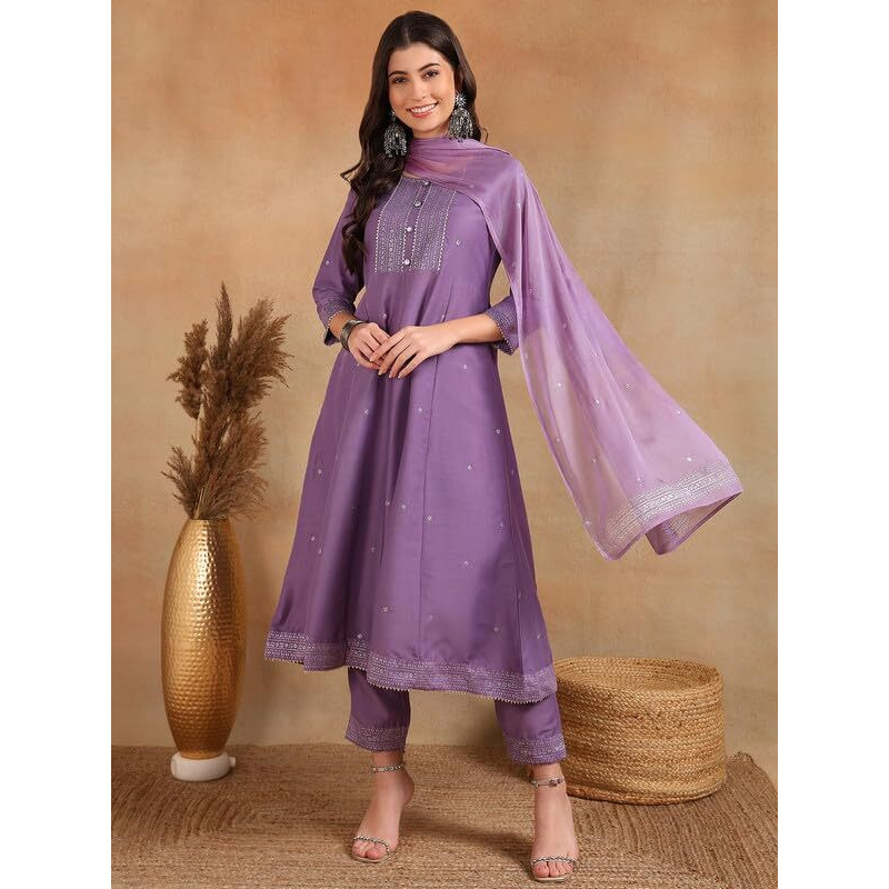 Vaamsi Women's Silk Blend Solid Woven Design Anarkali Kurta Set With Dupatta (VKSKD1779_Lavender_XL)