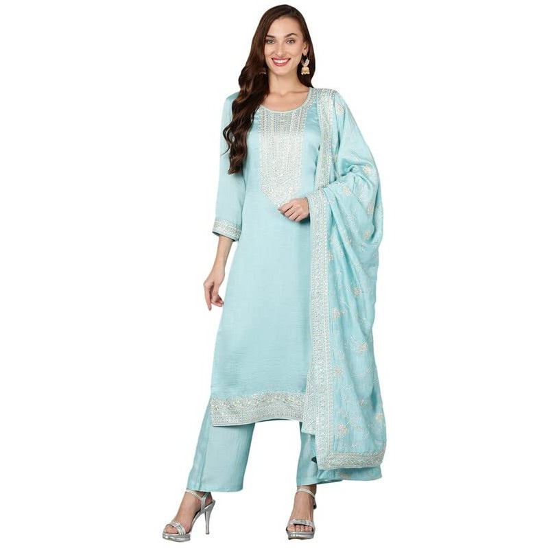 Vaamsi Women's Silk Blend Solid Embroidered Straight Kurta Pant With Dupatta (PKSKD1888_Blue_XXL)