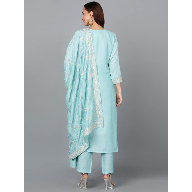 Vaamsi Women's Silk Blend Solid Embroidered Straight Kurta Pant With Dupatta (PKSKD1888_Blue_XXL)