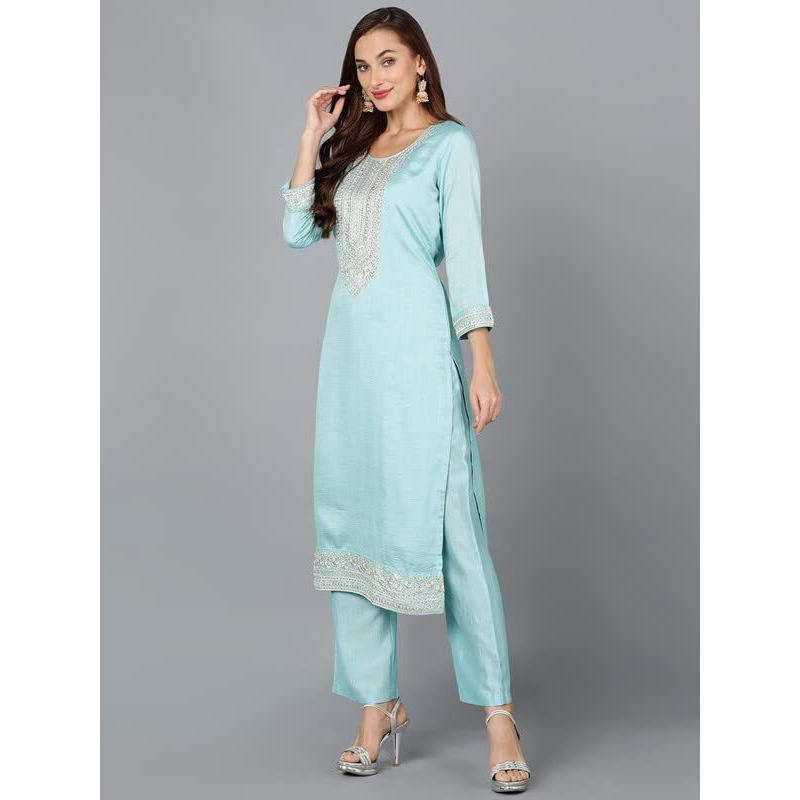 Vaamsi Women's Silk Blend Solid Embroidered Straight Kurta Pant With Dupatta (PKSKD1888_Blue_XXL)