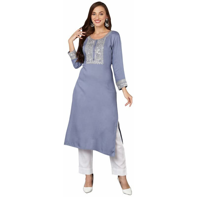 Vaamsi Women's Viscose Rayon Blue Pottery Embroidered Straight Kurta (VCK9219_Blue_L)